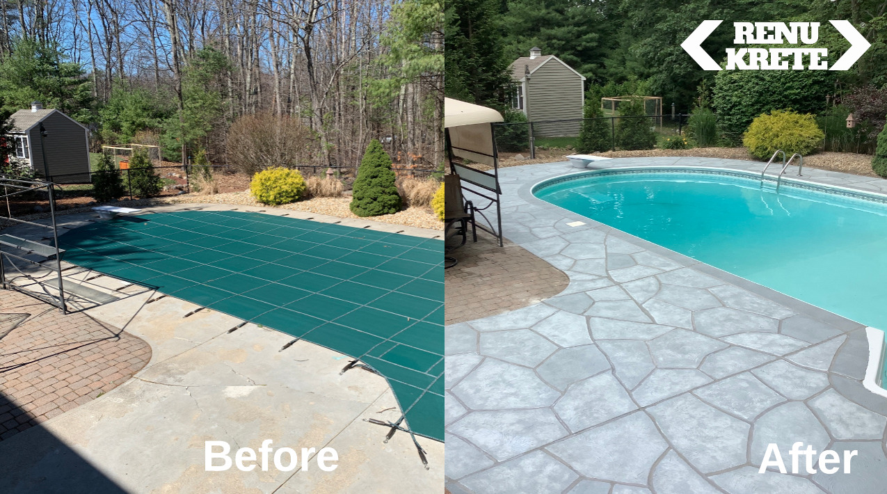 Before and after concrete transformation in Beverly, NJ using RenuKrete's earthy Granite Boulder finish with textured earth finish