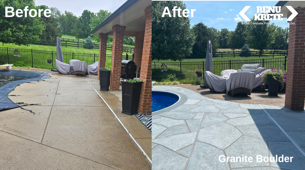 Before and after concrete resurfacing in Vineland, NJ featuring RenuKrete's Granite Boulder finish with rustic stone palette for a textured and lasting transformation