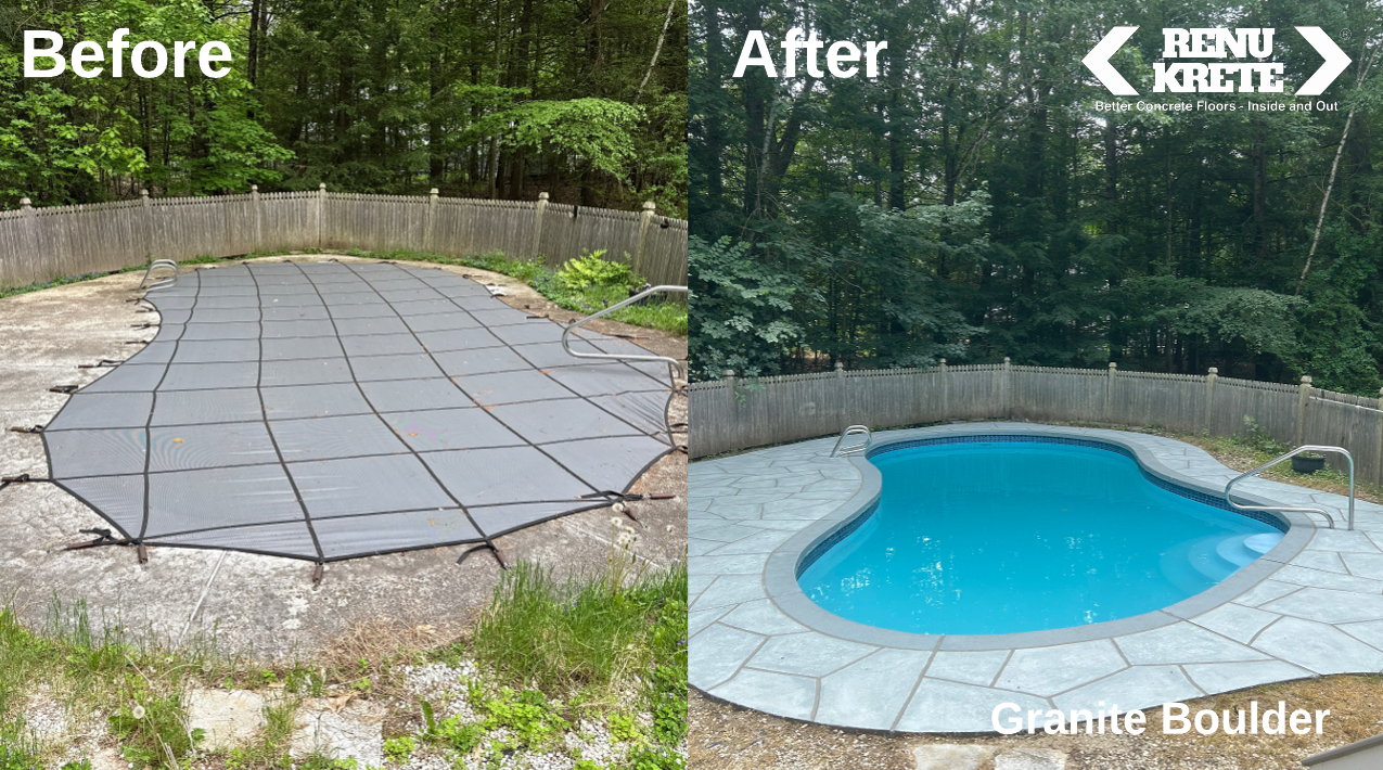 RenuKrete Granite Boulder concrete resurfacing in Somerville, NJ showing an authentic and luxurious before-and-after result with authentic earth finish