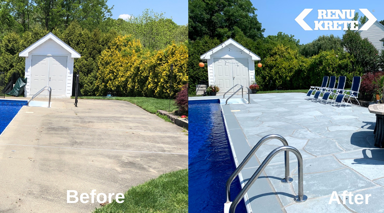 Side-by-side before and after of a concrete resurfaced with RenuKrete's Granite Boulder palette in Dunellen, NJ delivering grounded natural tones and a stunning look