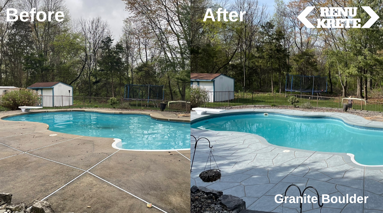 RenuKrete Granite Boulder concrete resurfacing in Caldwell, NJ showing a rustic and modern before-and-after result with natural stone-inspired texture