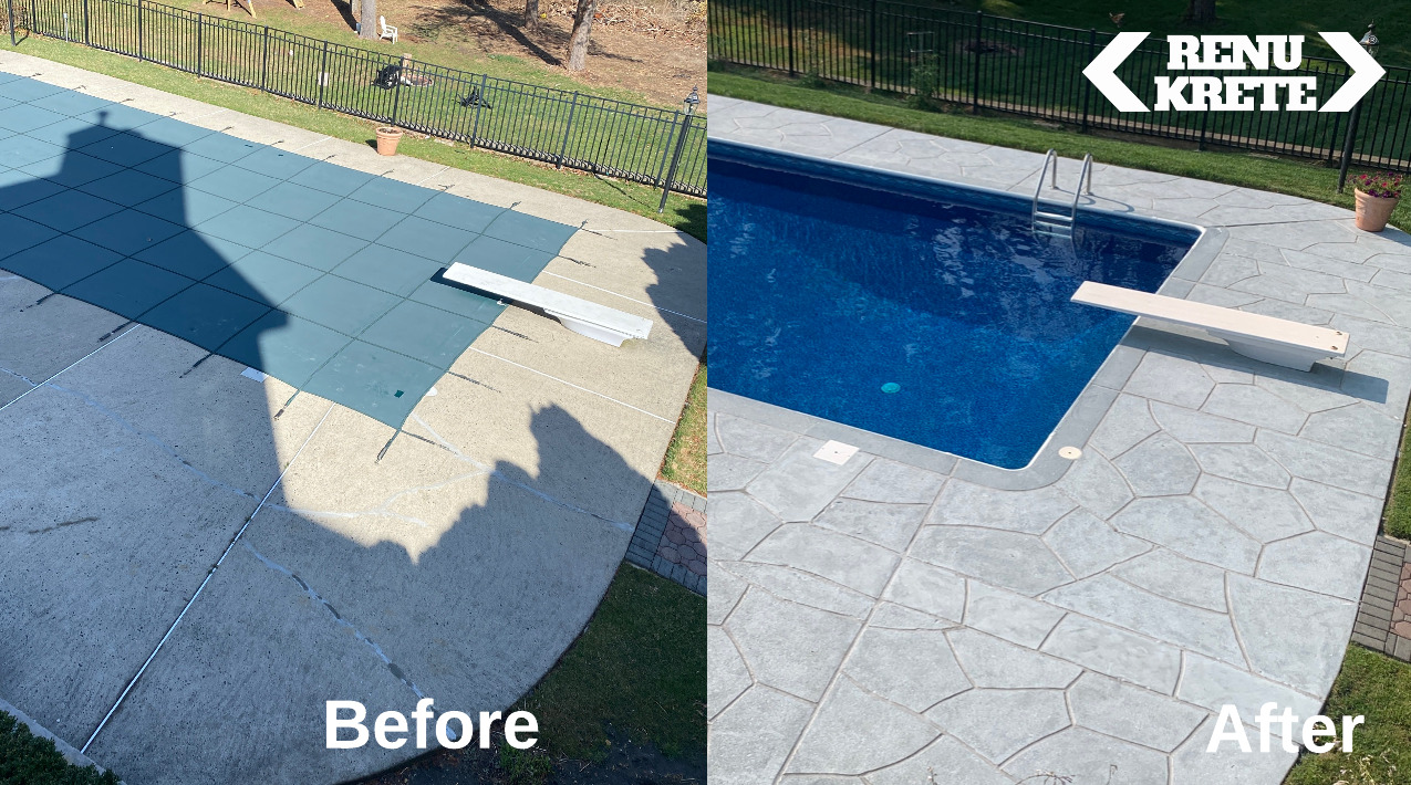 Before and after concrete transformation in Booton, NJ using RenuKrete's earthy Granite Boulder finish with deep boulder hues