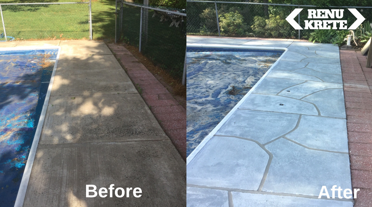 RenuKrete Granite Boulder concrete resurfacing in Cinnaminson, NJ with warm stone finish shown in a rugged before-and-after comparison