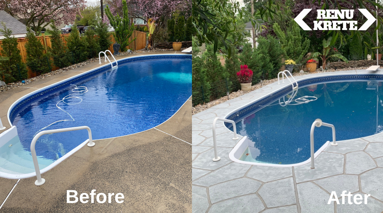 Before and after concrete resurfacing in Bellmawr, NJ featuring RenuKrete's Granite Boulder finish with warm earth tones for a versatile and textured transformation