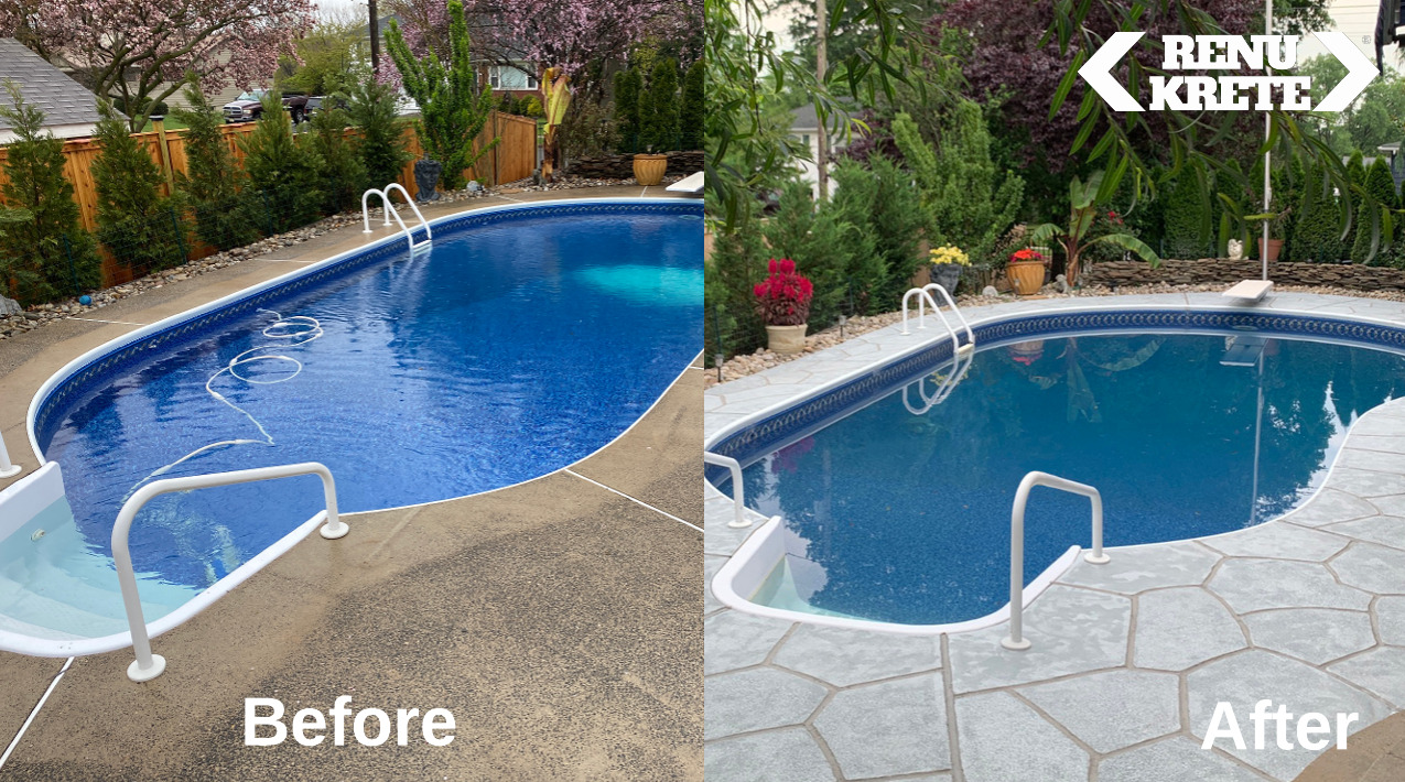 Side-by-side before and after of a concrete resurfaced with RenuKrete's Granite Boulder palette in Allenhurst, NJ delivering rich boulder tones and a weatherproof look
