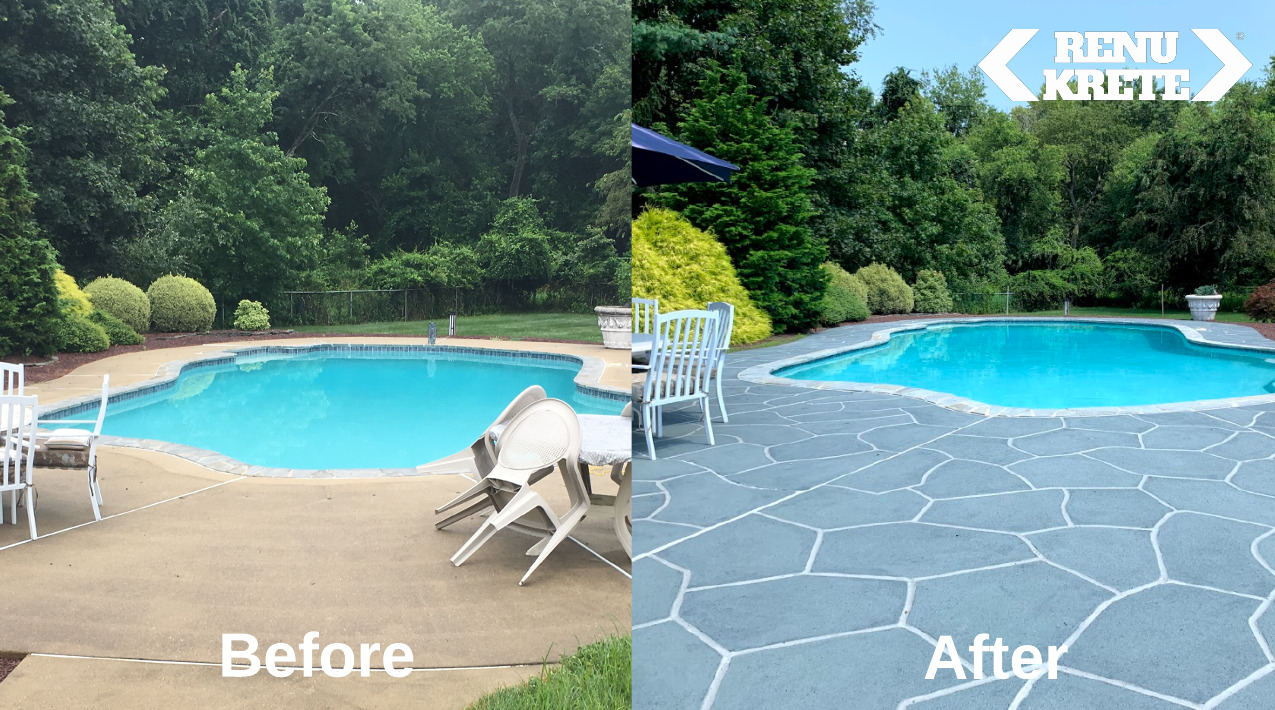 Side-by-side before and after of a concrete resurfaced with RenuKrete's Granite Boulder palette in Eastampton, NJ delivering organic stone hues and an elegant look