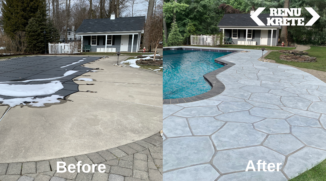 RenuKrete Granite Boulder concrete resurfacing in Elk, NJ with natural brown surface shown in a rustic before-and-after comparison