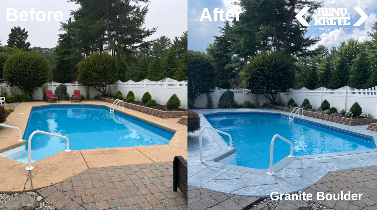 RenuKrete Granite Boulder concrete resurfacing in Poughkeepsie, NY showing a natural and textured before-and-after result with rugged natural finish