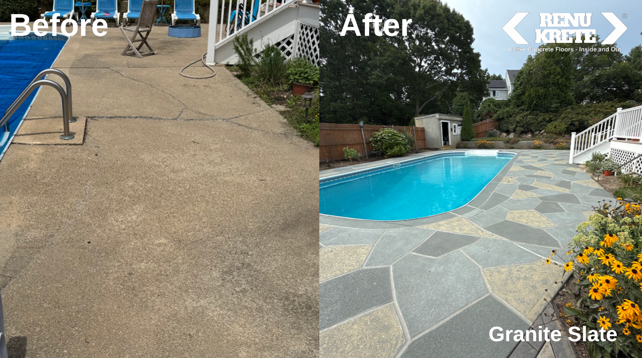 RenuKrete Granite Slate pool deck resurfacing in Winchester, MA showing a sleek and contemporary before-and-after result with slate-gray finish