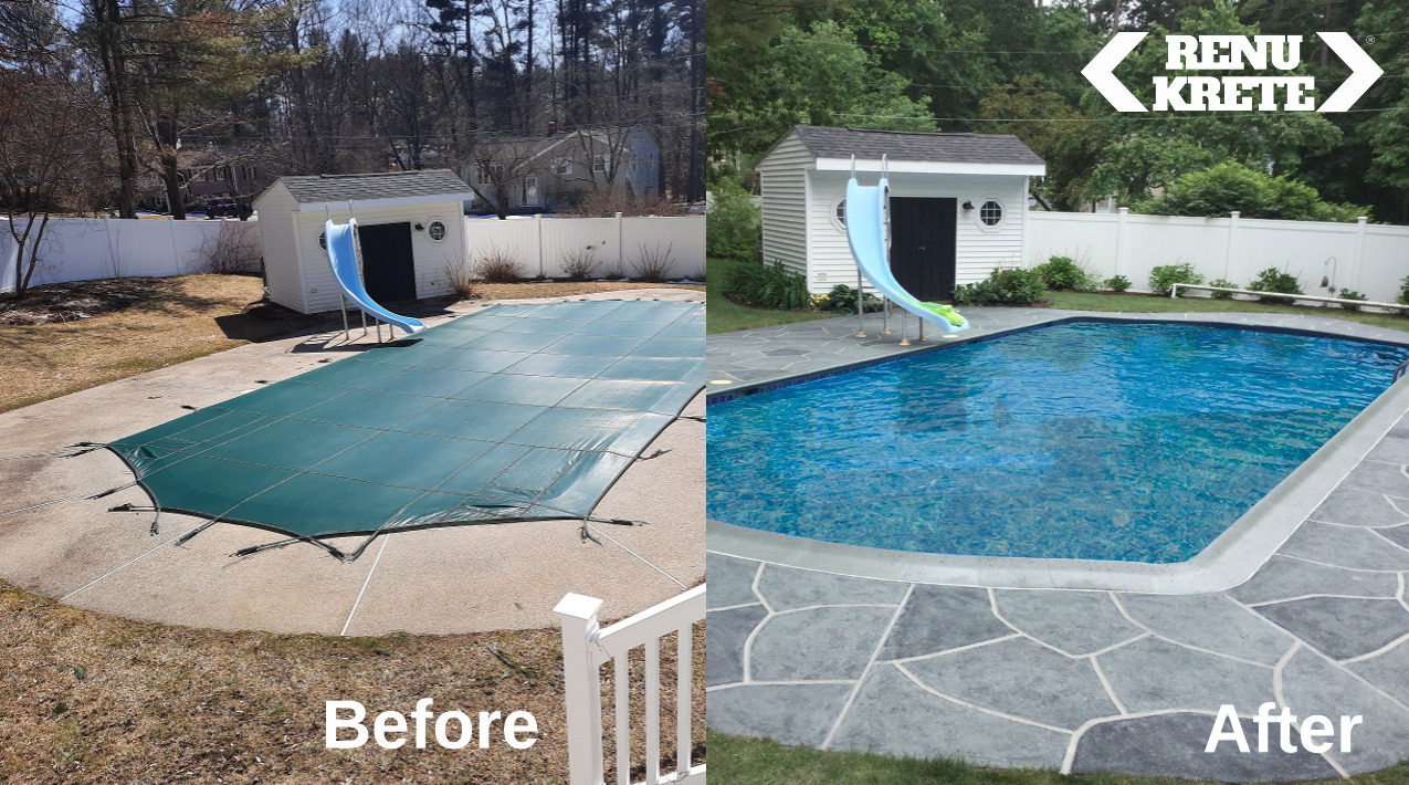 Before and after concrete transformation in Andover, MA using RenuKrete's clean Granite Slate finish with refined gray surface