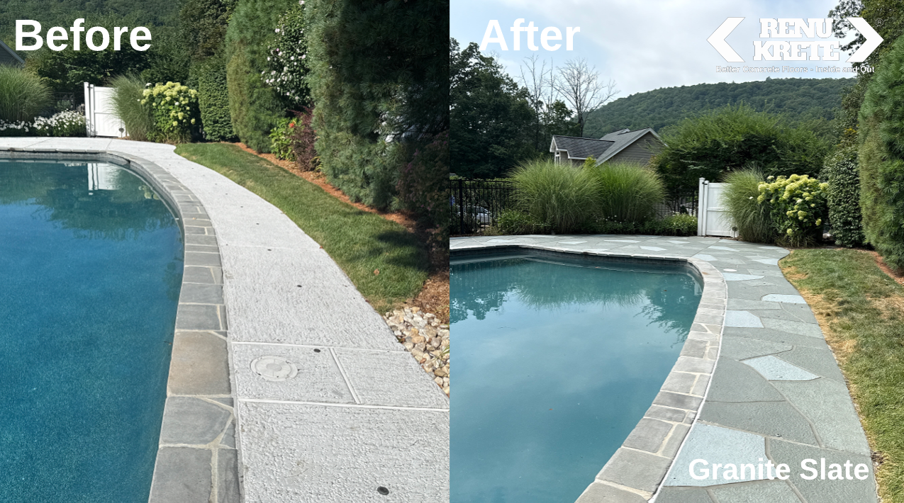 Before and after pool deck resurfacing in Marlboro, MA featuring RenuKrete's Granite Slate finish with cool gray tones for a modern and refined transformation