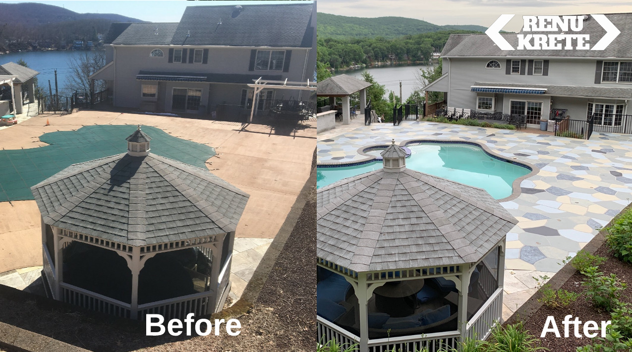 RenuKrete Granite Slate concrete resurfacing in Camden, NJ showing a premium and resilient before-and-after result with polished gray texture