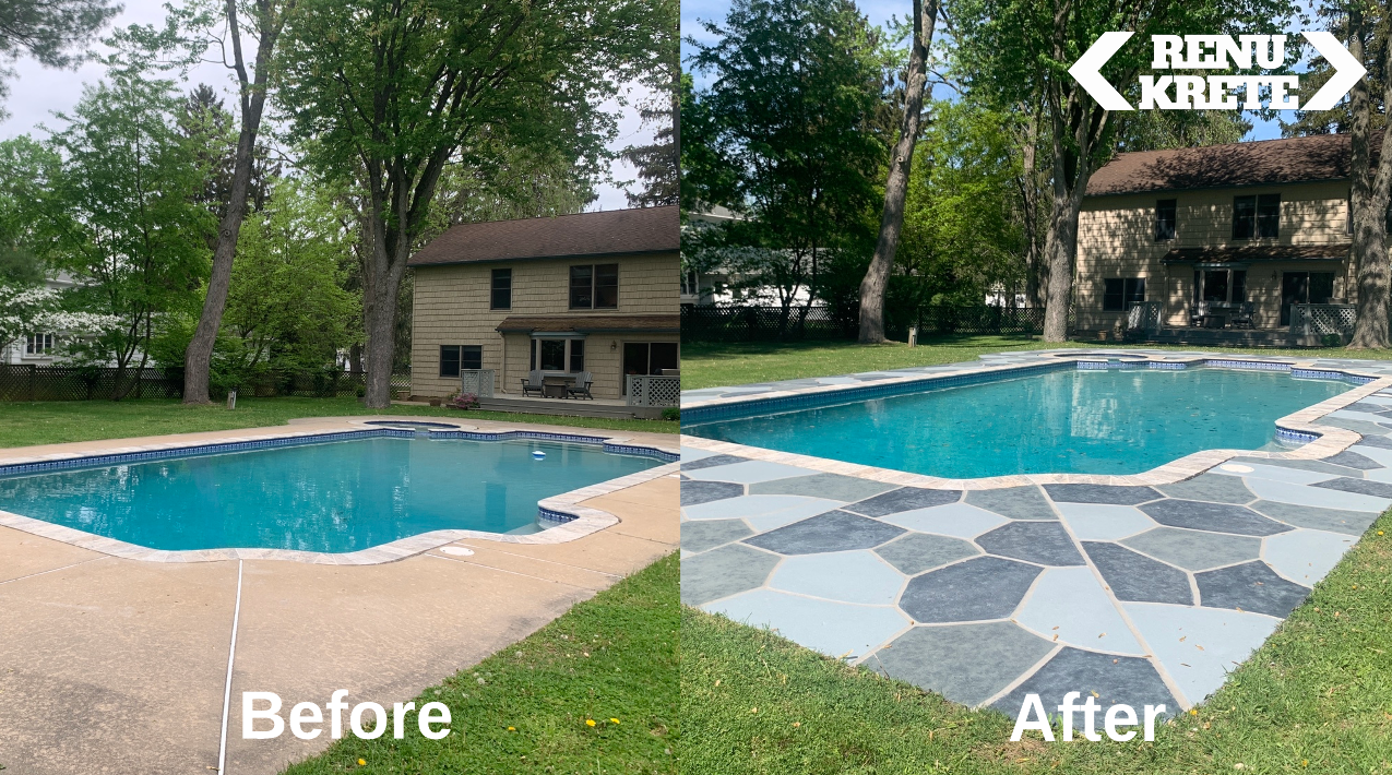 RenuKrete Granite Slate before-and-after concrete resurfacing project in Eatontown, NJ showcasing sophisticated gray tones and a durable aesthetic