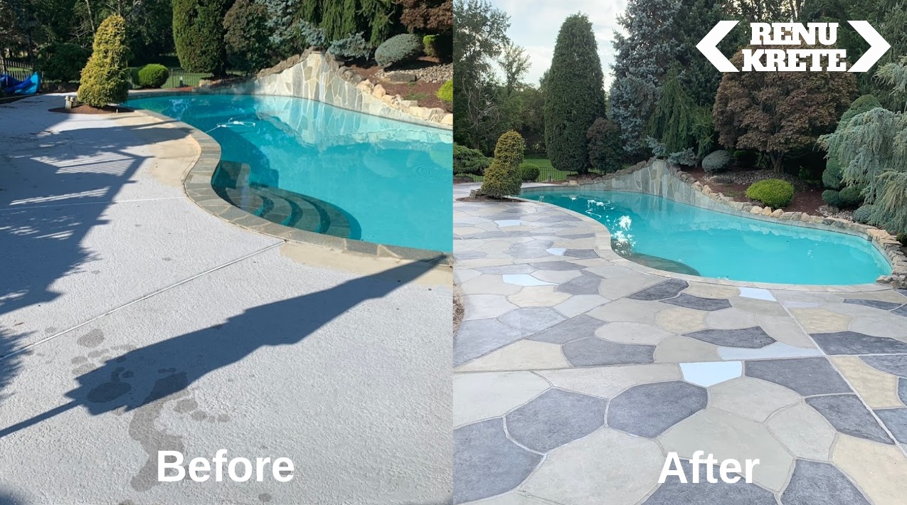 RenuKrete Granite Slate concrete resurfacing in Hackettstown, NJ with clean gray surface shown in a lustrous before-and-after comparison