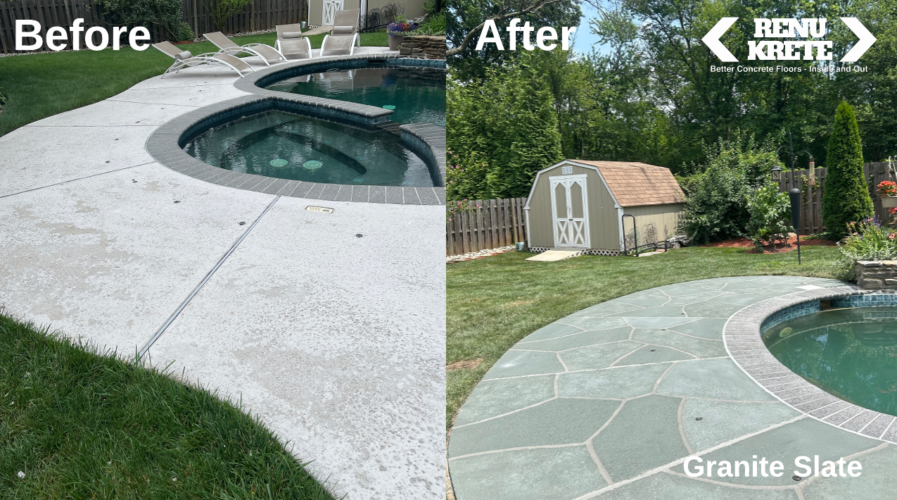 Side-by-side before and after of a concrete resurfaced with RenuKrete's Granite Slate palette in Edison, NJ delivering neutral gray tones and a long-lasting look