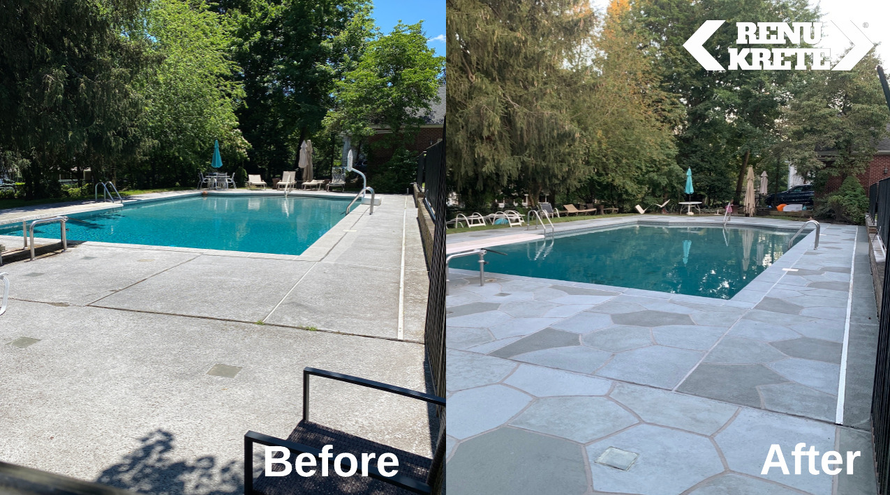 RenuKrete Granite Slate concrete resurfacing in Barrington, NJ showing a smooth and luxurious before-and-after result with elegant gray finish