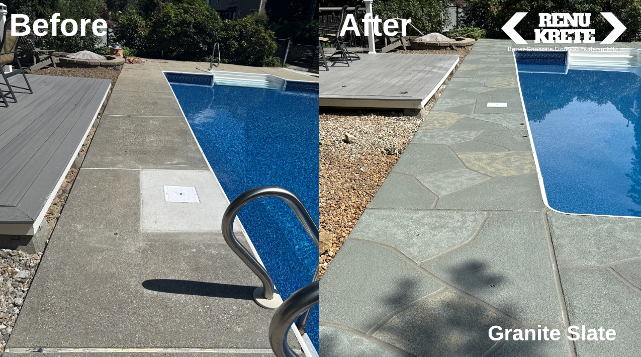 RenuKrete Granite Slate before-and-after concrete resurfacing project in Franklin, NJ showcasing smooth gray palette and a stunning aesthetic
