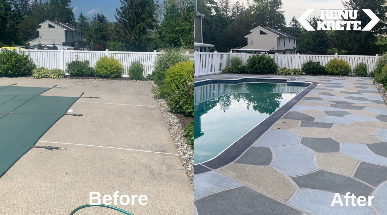Before and after concrete transformation in Clayton, NJ using RenuKrete's polished Granite Slate finish with premium gray surface
