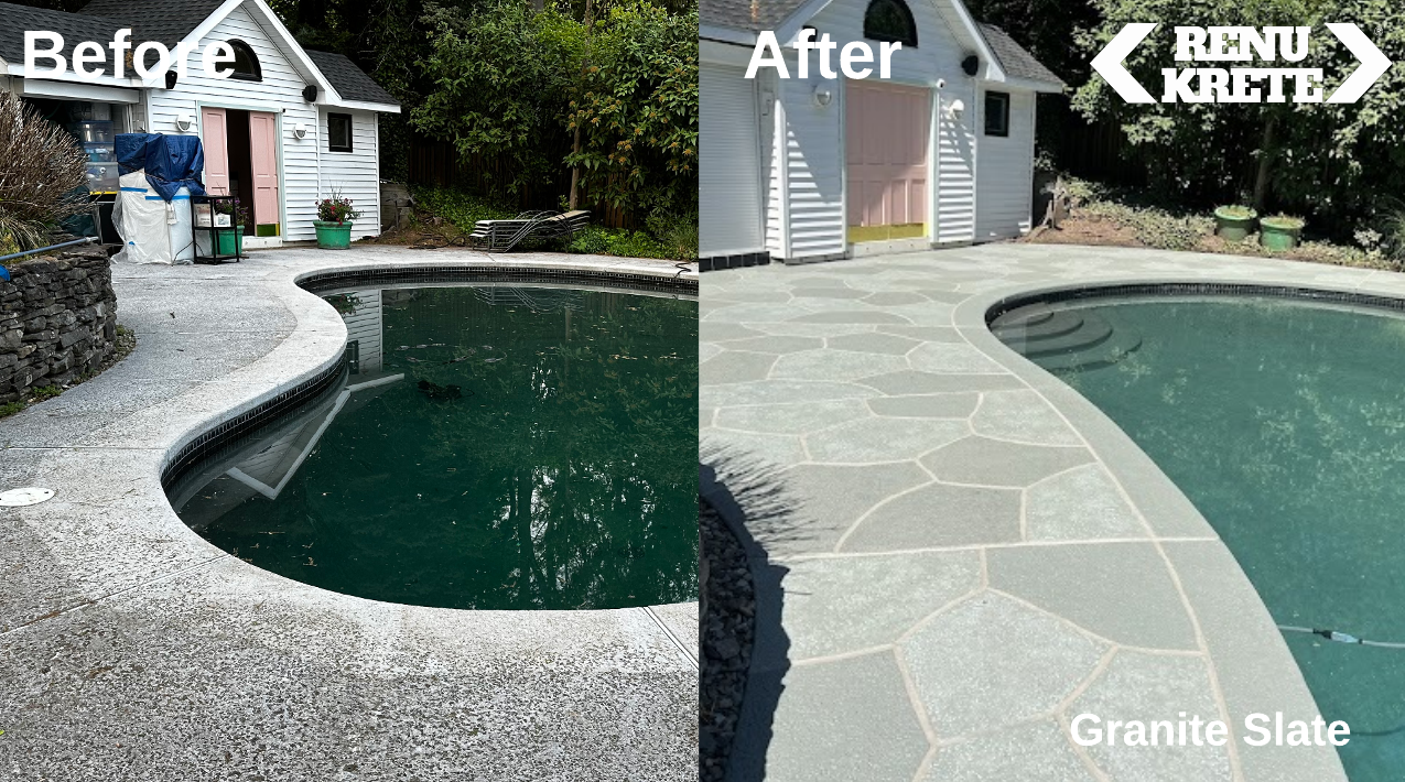 Before and after concrete resurfacing in Scotch Plains, NJ featuring RenuKrete's Granite Slate finish with muted gray tones for a pristine and versatile transformation
