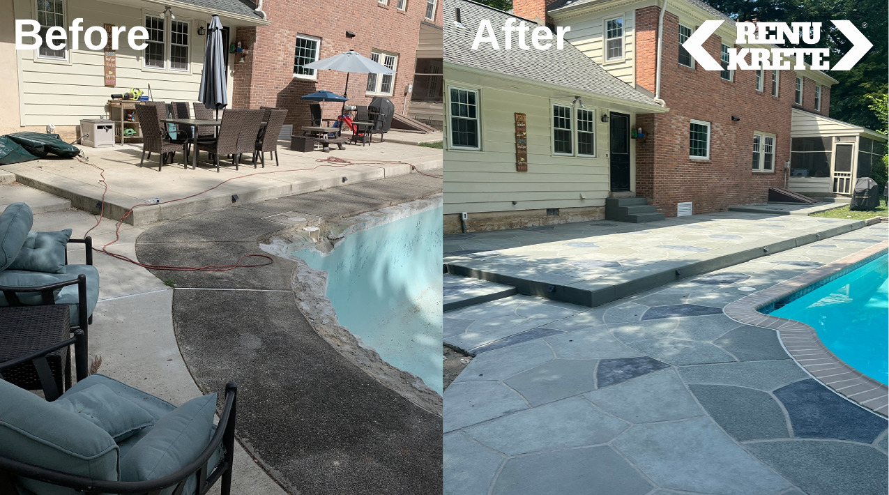 RenuKrete Granite Slate before-and-after concrete resurfacing project in Wyckoff, NJ showcasing striking gray tones and a vibrant aesthetic
