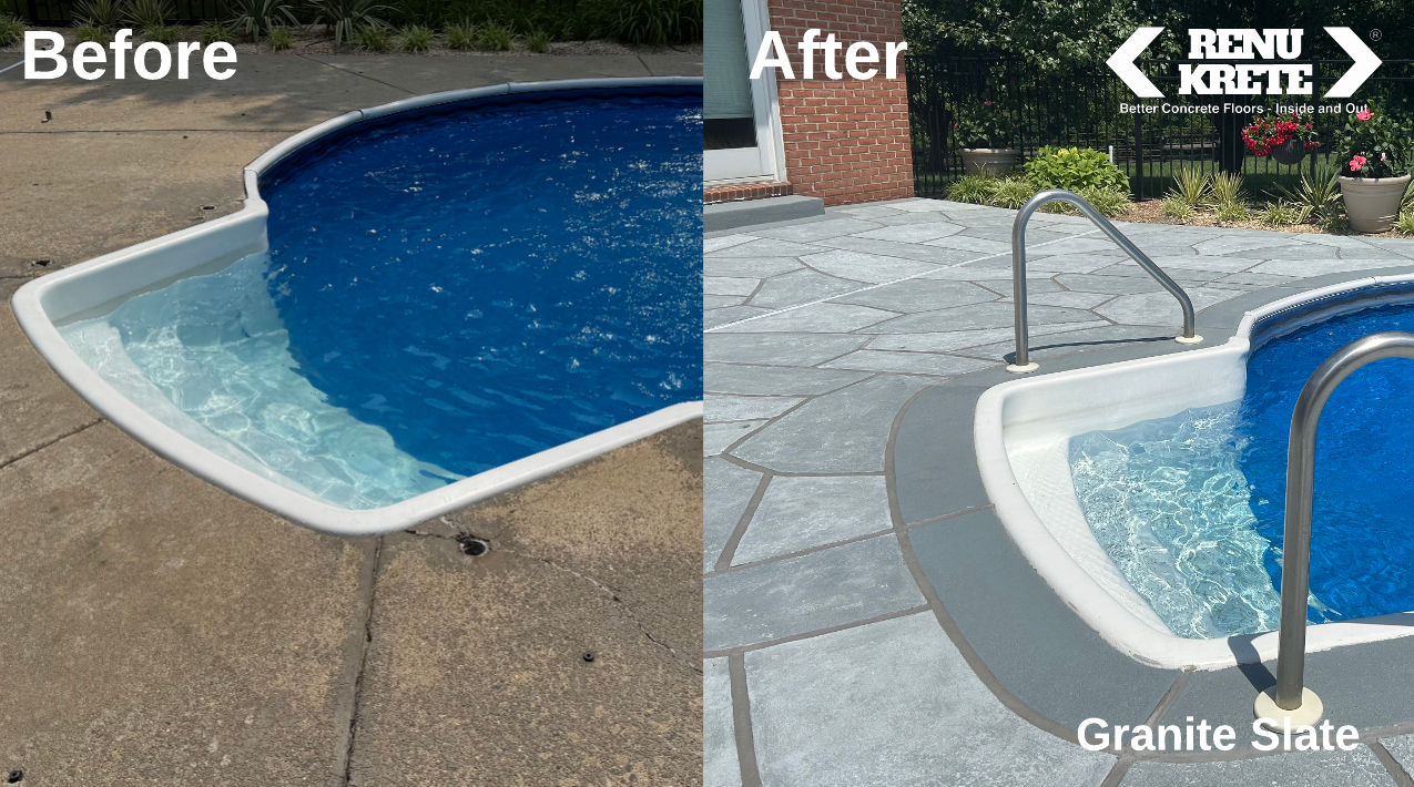 Side-by-side before and after of a concrete resurfaced with RenuKrete's Granite Slate palette in Holmdel, NJ delivering understated gray palette and a resilient look