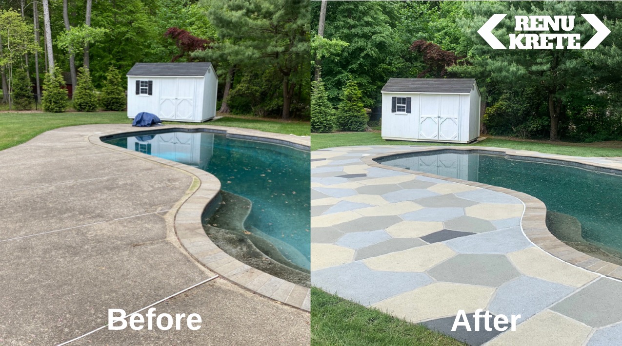 RenuKrete Granite Slate concrete resurfacing in Haddonfield, NJ with lustrous gray finish shown in a sleek before-and-after comparison