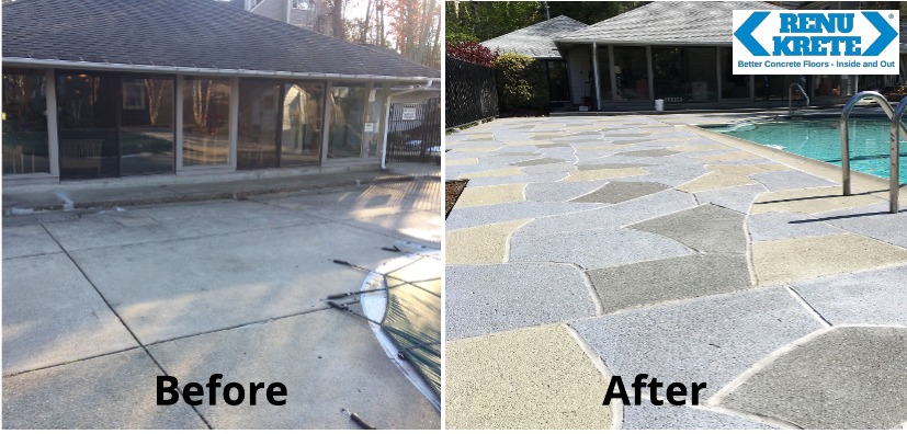 Before and after concrete resurfacing in Lodi, NJ featuring RenuKrete's Granite Slate finish with fresh gray palette for a refined and premium transformation