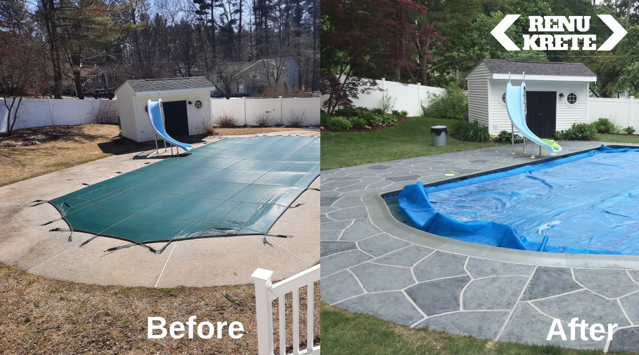 Before and after concrete resurfacing in Cedar Grove, NJ featuring RenuKrete's Granite Slate finish with contemporary gray hues for a seamless and modern transformation