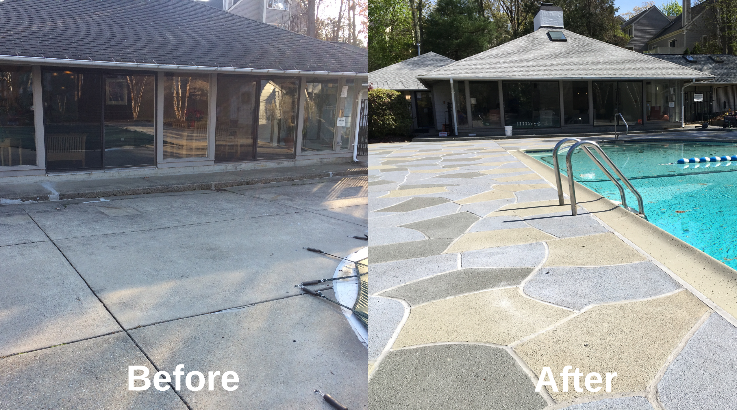 Side-by-side before and after of a concrete resurfaced with RenuKrete's Granite Slate palette in Fair Haven, NJ delivering modern gray palette and an elegant look