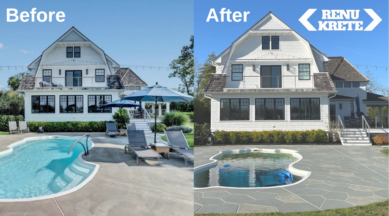 RenuKrete Granite Slate concrete resurfacing in Somers, NY with sleek gray finish shown in a crisp before-and-after comparison