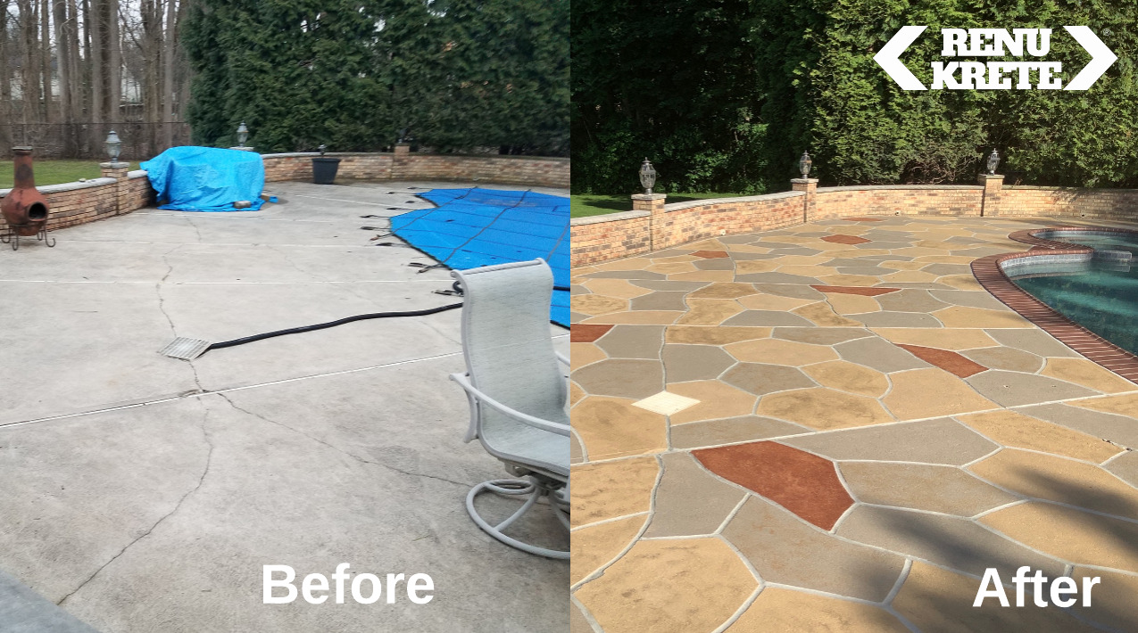 RenuKrete Hurricane Slate before-and-after concrete resurfacing project in Brielle, NJ showcasing intense charcoal hues and a durable aesthetic