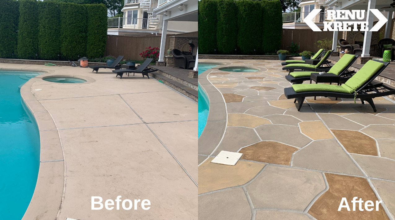 RenuKrete Hurricane Slate concrete resurfacing in Caldwell, NJ with deep charcoal tones shown in a distinctive before-and-after comparison