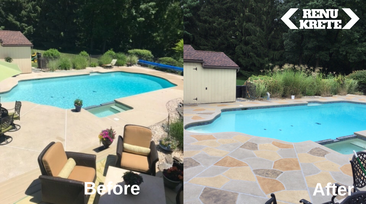 Before and after concrete resurfacing in Delanco, NJ featuring RenuKrete's Hurricane Slate finish with bold dark finish for a striking and weatherproof transformation