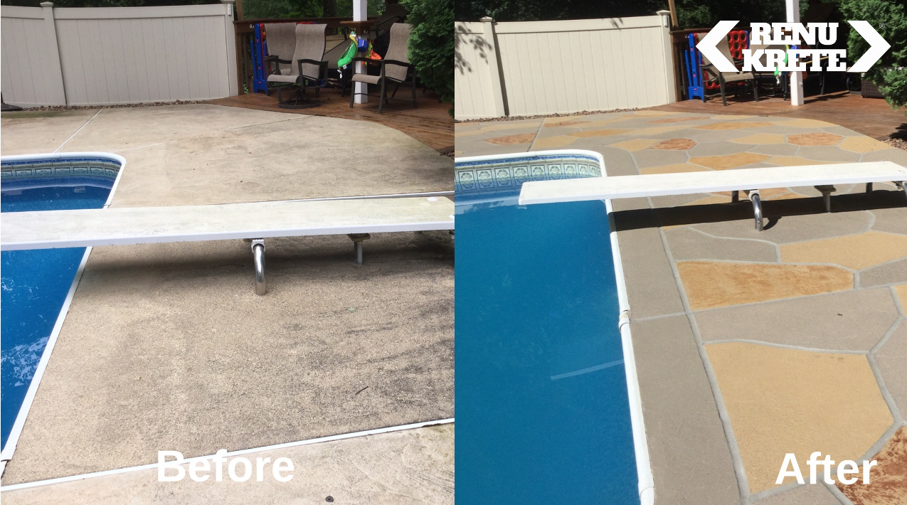 RenuKrete Hurricane Slate concrete resurfacing in Deptford, NJ showing a refined and enduring before-and-after result with dramatic slate palette