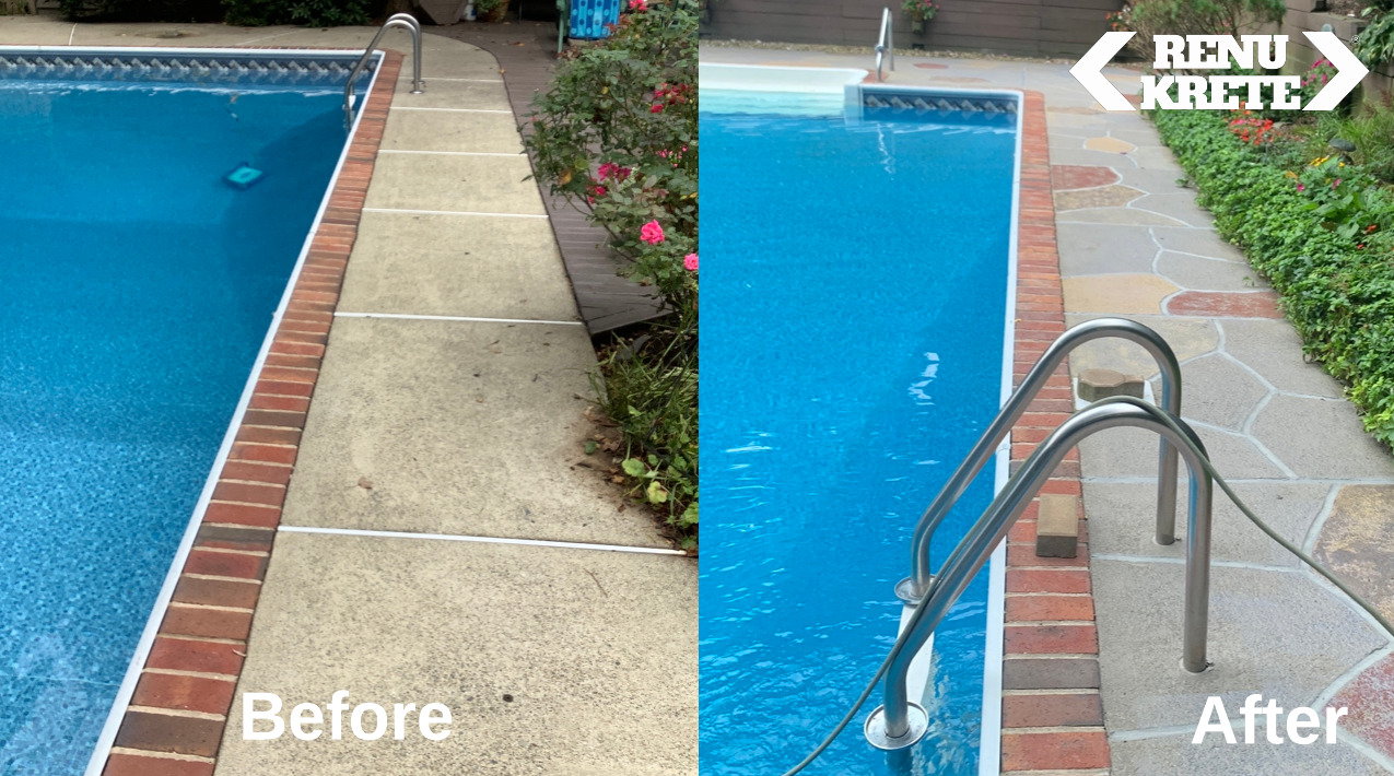 Before and after concrete transformation in Dennis, NJ using RenuKrete's resilient Hurricane Slate finish with striking dark surface
