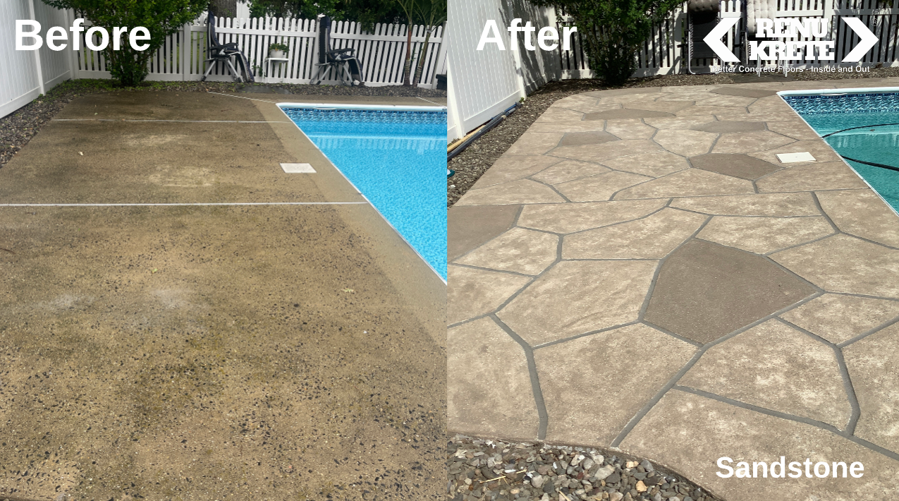 RenuKrete Sandstone concrete resurfacing in Springfield, MA showing a golden and timeless before-and-after result with natural tan surface