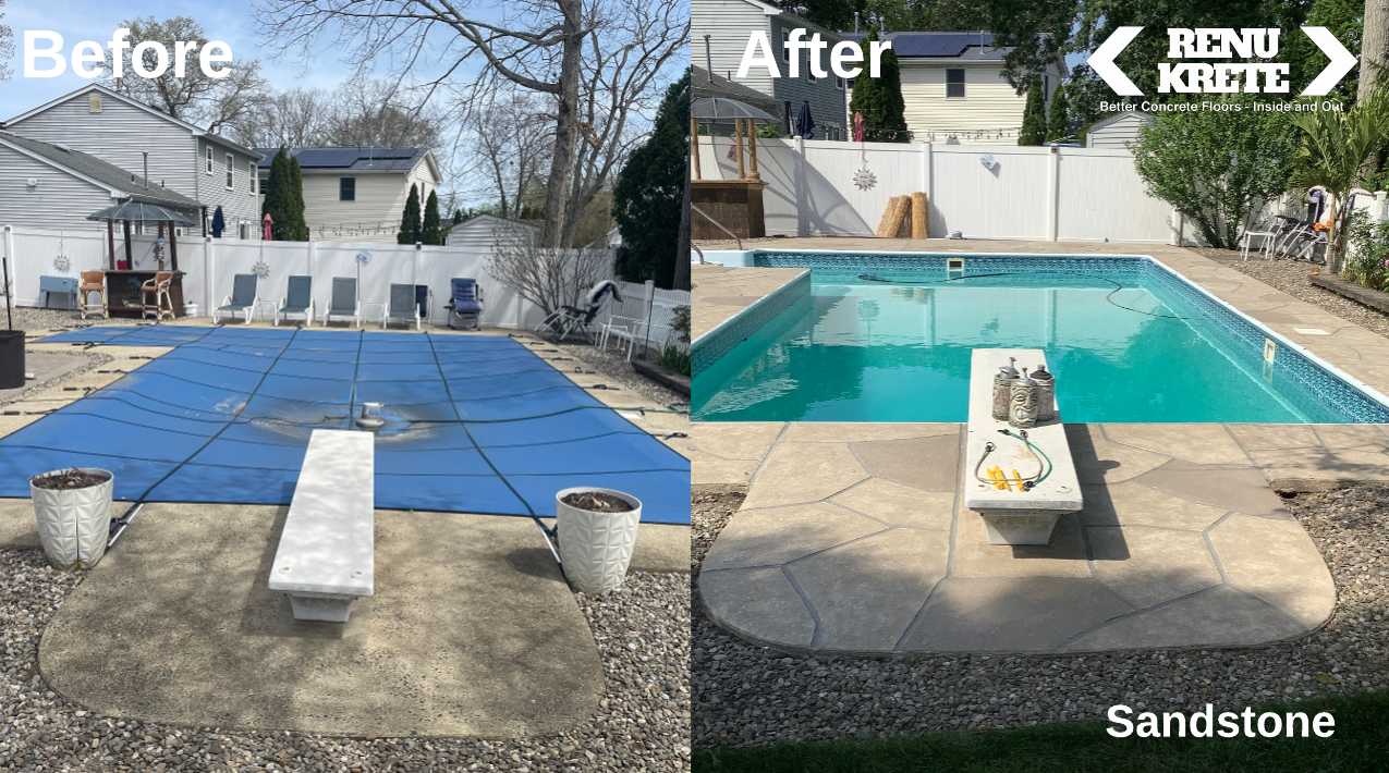 Side-by-side before and after of a concrete resurfaced with RenuKrete's Sandstone palette in Pittsfield, MA delivering soft golden hues and a premium look