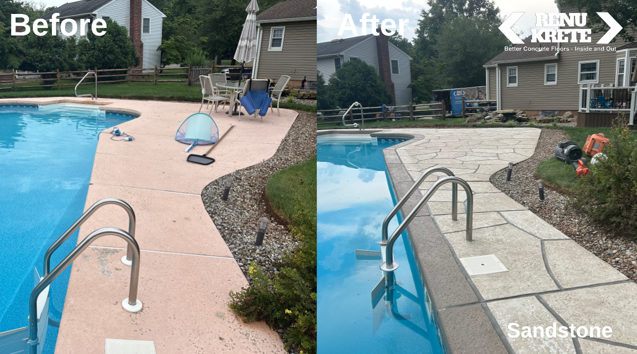 Side-by-side before and after of a concrete resurfaced with RenuKrete's Sandstone palette in Auburn, MA delivering warm sunlit surface and an inviting look