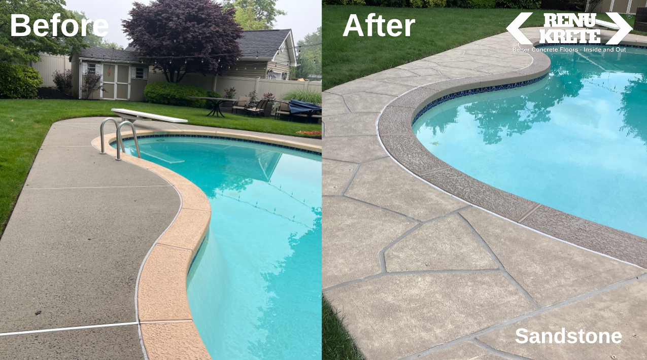 Before and after concrete transformation in Aldino, MD using RenuKrete's radiant Sandstone finish with sandy warm tones