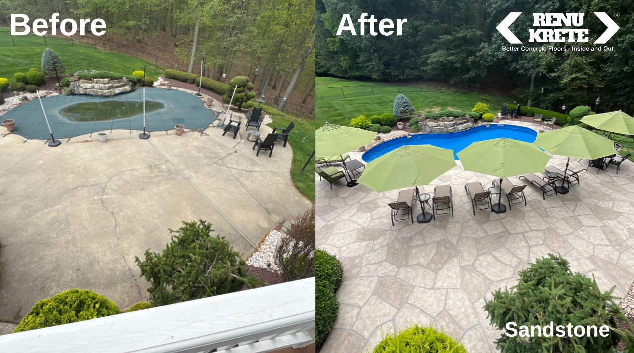 Before and after concrete resurfacing in Chestertown, MD featuring RenuKrete's Sandstone finish with sun-washed finish for a classic and resilient transformation