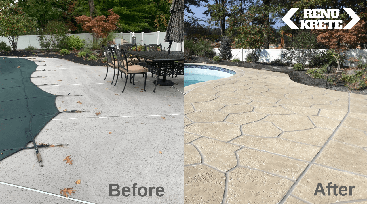 RenuKrete Sandstone before-and-after concrete resurfacing project in Allendale, NJ showcasing radiant tan finish and a refined aesthetic
