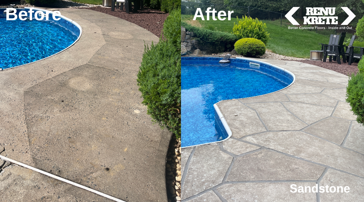 RenuKrete Sandstone concrete resurfacing in Kingston, NY with warm amber palette shown in an earthy before-and-after comparison