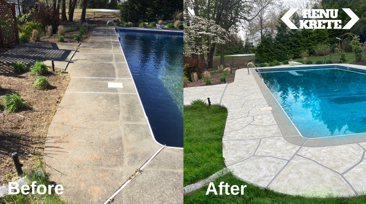 RenuKrete Sandstone concrete resurfacing in Lewisboro, NY with honeyed stone palette shown in a sunlit before-and-after comparison