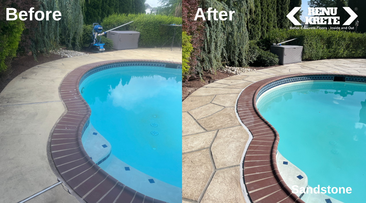 RenuKrete Sandstone before-and-after concrete resurfacing project in Middletown, NY showcasing golden sand tones and a durable aesthetic