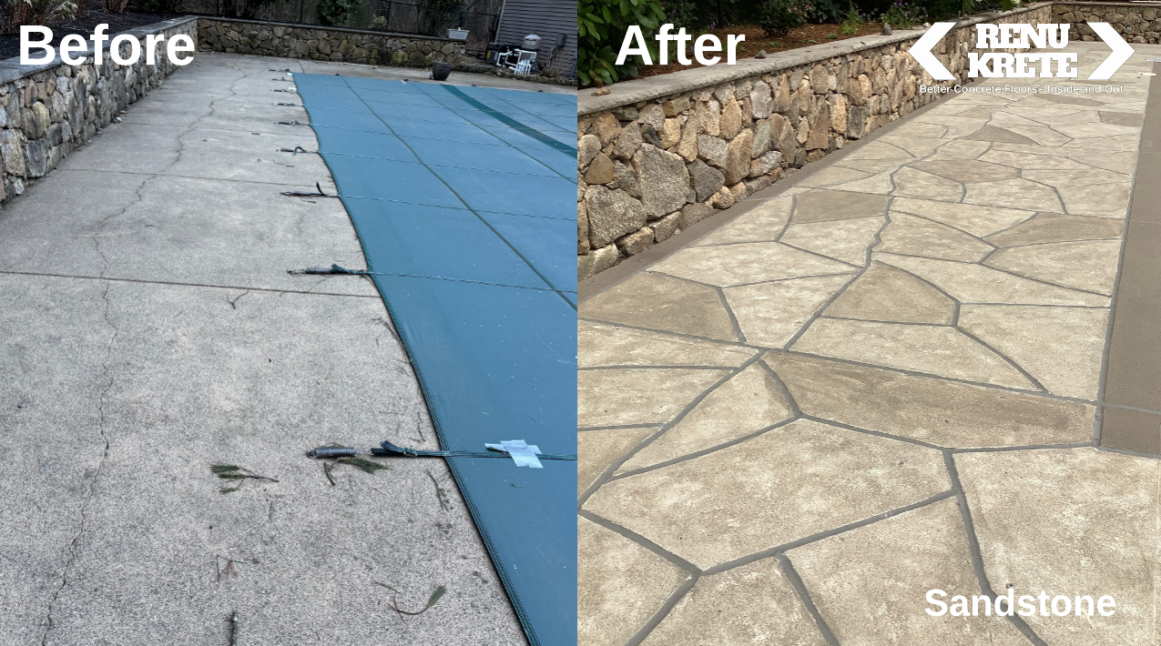 Before and after concrete transformation in Doylestown, PA using RenuKrete's natural Sandstone finish with luminous sand finish