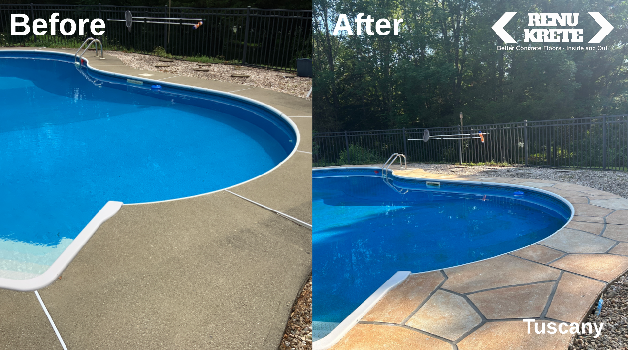 Side-by-side before and after of a pool deck resurfaced with RenuKrete's Tuscany palette in Weston, MA delivering sun-baked earth finish and a sophisticated look