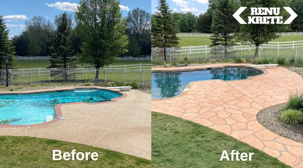 Before and after concrete transformation in Greenwich, NJ using RenuKrete's classic Tuscany finish with warm russet surface