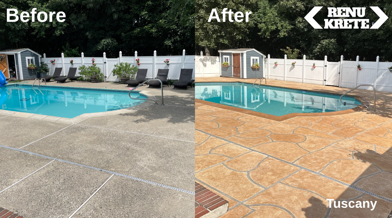 RenuKrete Tuscany concrete resurfacing in Afton, NJ with deep Tuscan warmth shown in a regal before-and-after comparison