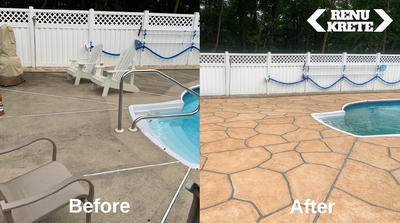 RenuKrete Tuscany concrete resurfacing in Hackensack, NJ showing a rich and luxurious before-and-after result with rich Mediterranean palette