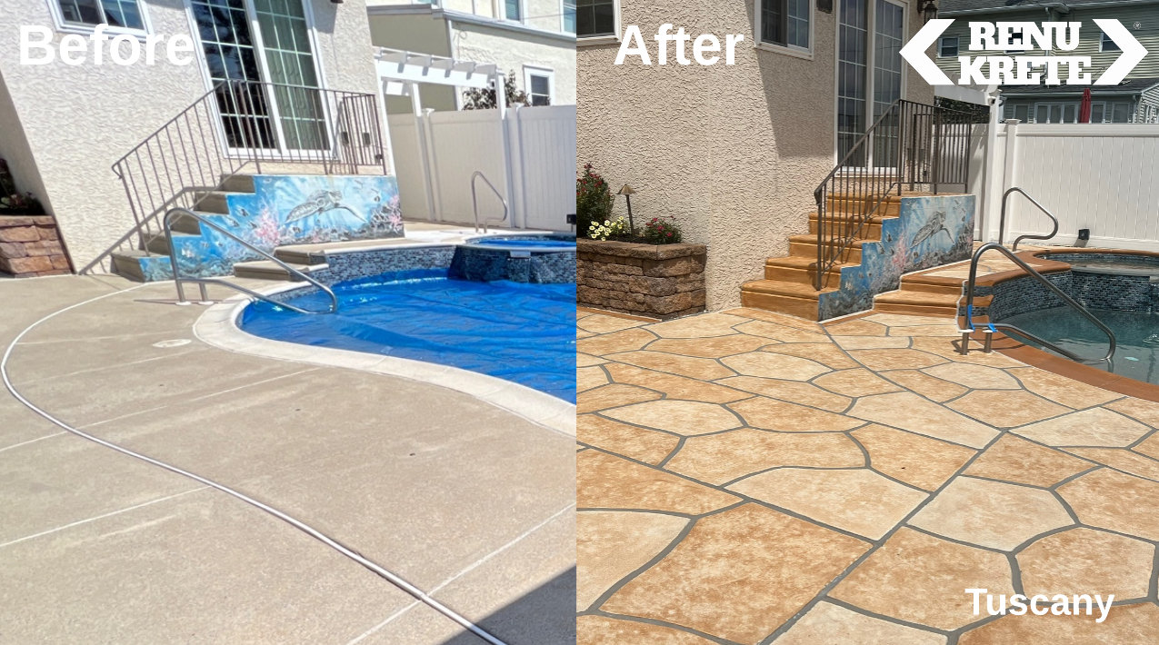 RenuKrete Tuscany before-and-after concrete resurfacing project in Metuchen, NJ showcasing classic terra hues and an enduring aesthetic